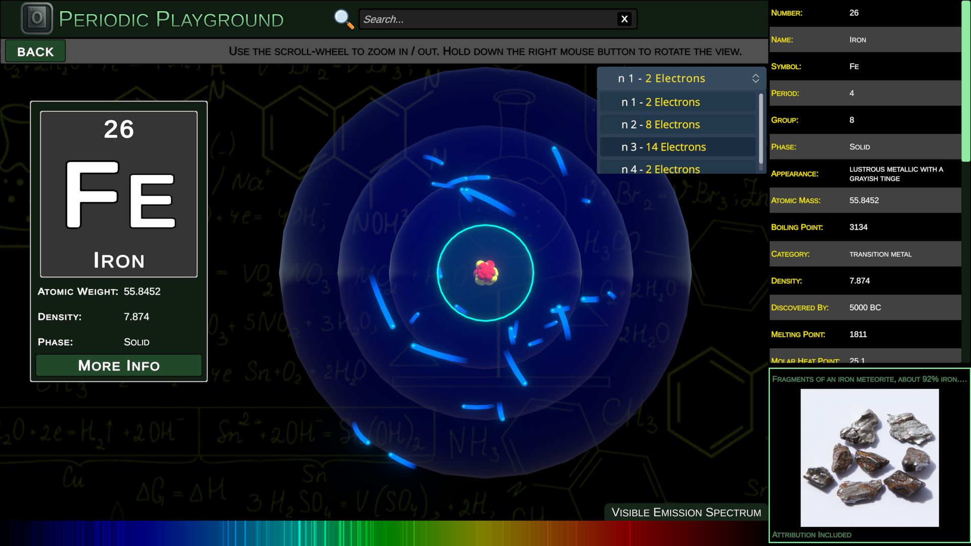 Iron element detail with its 3D atom, electron shell controls, element properties, and iron meteorite image